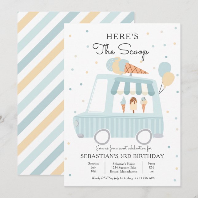 Blue Ice Cream Truck Here's The Scoop Birthday Invitation (Front/Back)