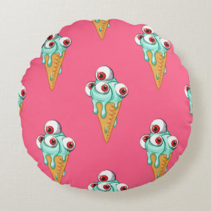 Blue ice cream with eyes. Pink background. Seamles Round Pillow