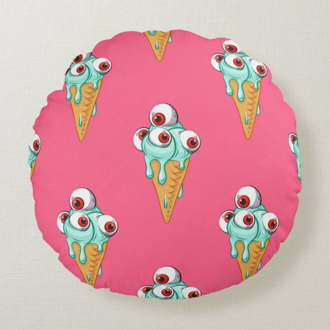 Blue ice cream with eyes. Pink background. Seamles Round Pillow (Front)