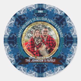 Blue Ice Geometry Custom Photo Holiday Greetings Classic Round Sticker