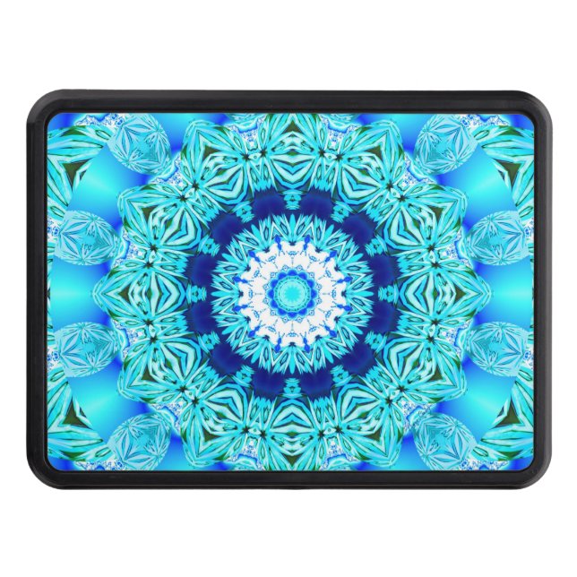Blue Ice Glass, Delicate Abstract Cyan Aqua Silver Trailer Hitch Cover (Front)