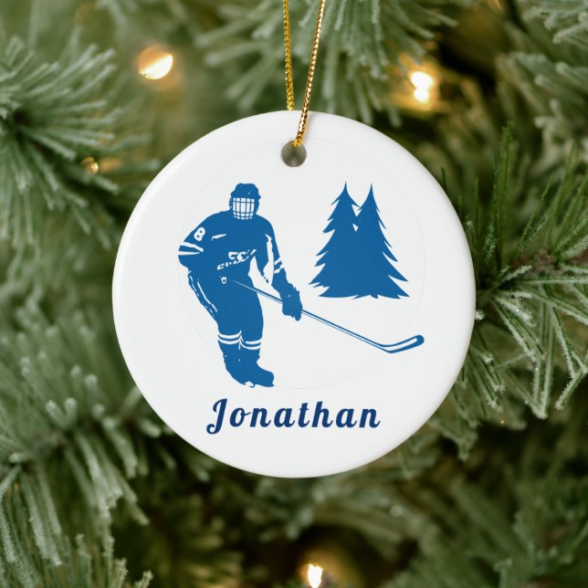 Blue Ice Hockey Player Custom Name Winter Sport  Ceramic Ornament (Tree)