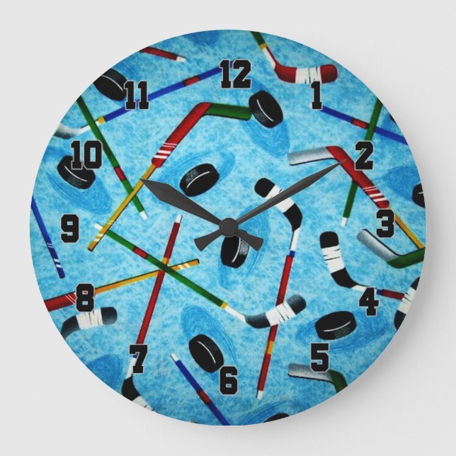 Blue Ice Hockey Theme Large Clock (Front)
