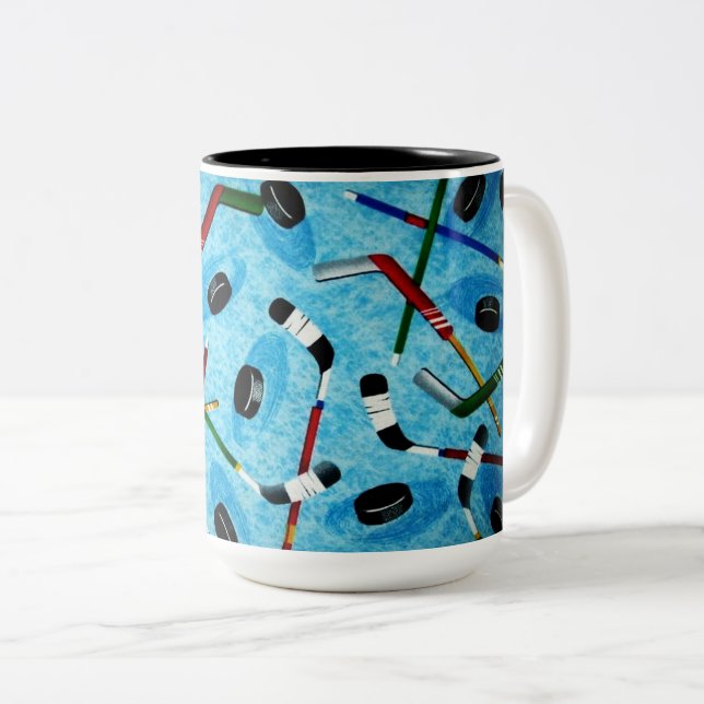 Blue Ice Hockey Theme Two-Tone Coffee Mug (Front Right)
