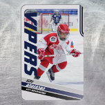 Blue Ice Hockey Trading Card Magnet<br><div class="desc">Parents of little league ice hockey players can proudly share their kids' accomplishments on the field with these customizable blue trading cards kitchen magnet. The photo can be changed to feature your own little leaguer. Almost all text can be edited, including position.Ideal to give to friends and relatives and also...</div>