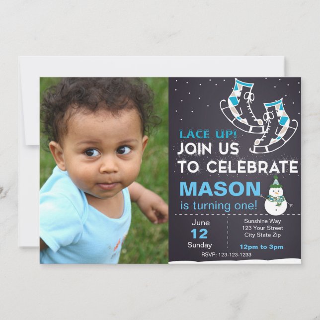 Blue Ice Skates Birthday Invitation with photo (Front)
