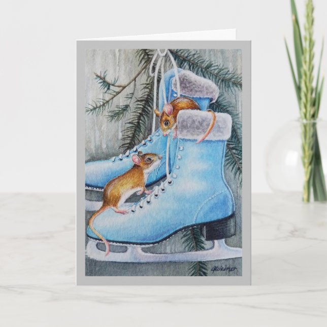 Blue Ice Skates & Mice Holiday Home Watercolor Art Card (Front)