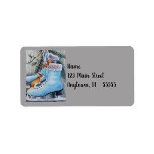 Blue Ice Skates & Mice Holiday Home Watercolor Art Label