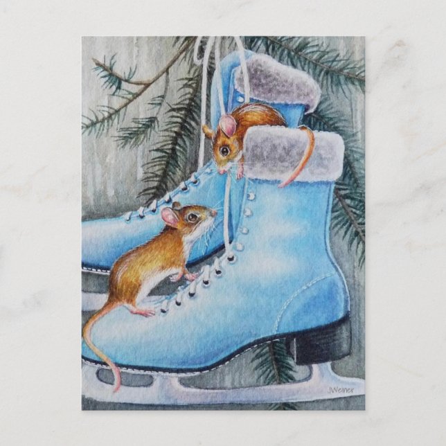 Blue Ice Skates & Mice Holiday Home Watercolor Art Postcard (Front)