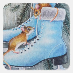 Blue Ice Skates & Mice Holiday Home Watercolor Art Square Sticker