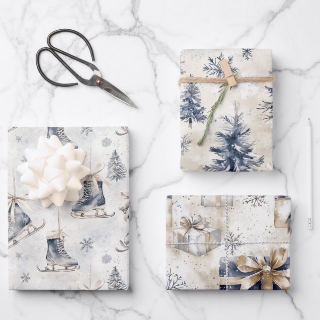 Blue Ice Skates Snowflakes Christmas Trees Gifts Wrapping Paper Sheet (Front)