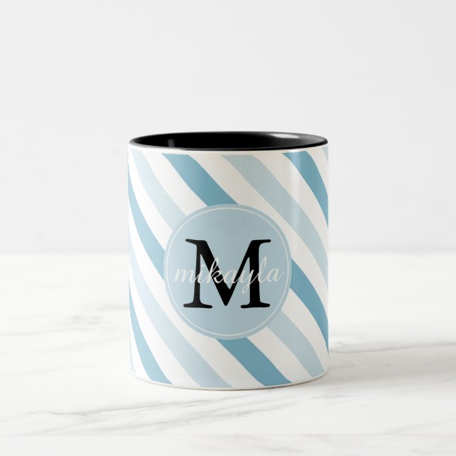 Blue Ice Stripes Monogram Two-Tone Coffee Mug (Center)
