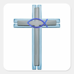 Blue Ichthus Cross Square Sticker