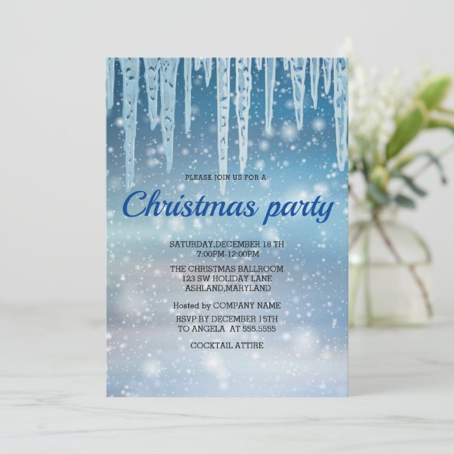 Blue Icicle Sparkly Snow Christmas Party  Invitation (Standing Front)