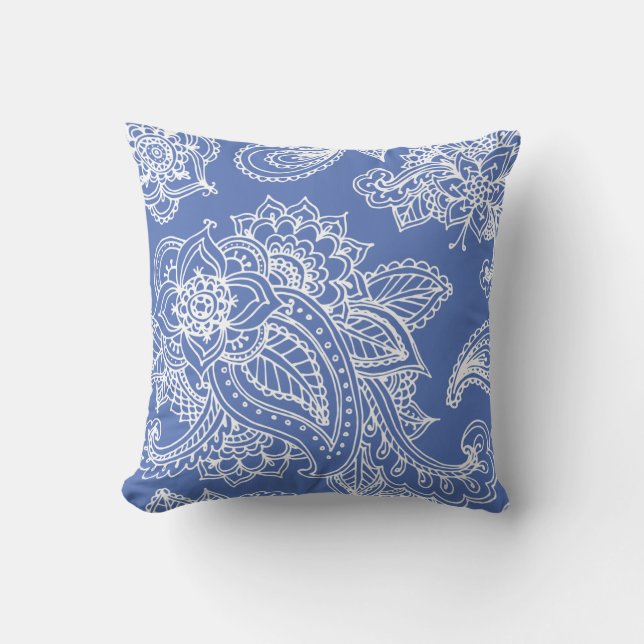 Blue Illustrated Bohemian Paisley Henna Throw Pillow (Front)