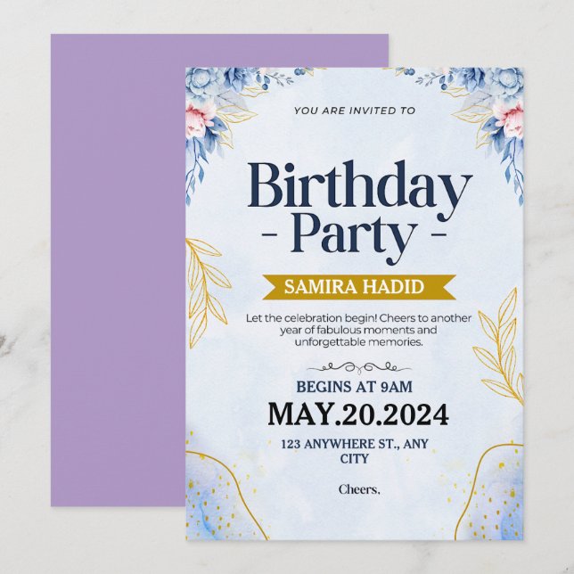Blue Illustrative Floral Birthday Invitation (Front/Back)