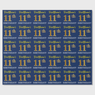 Blue, Imitation Gold Look "11th BIRTHDAY" Wrapping Paper