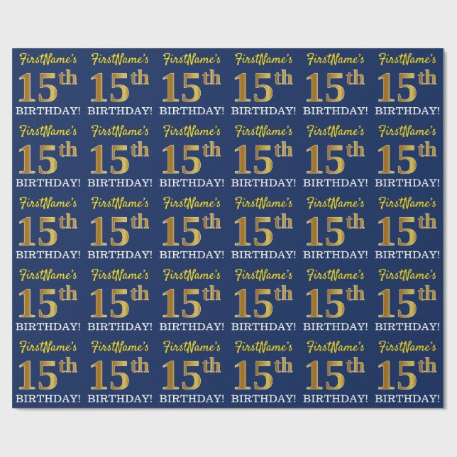 Blue, Imitation Gold Look "15th BIRTHDAY" Wrapping Paper (Flat)