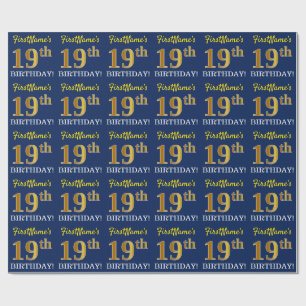 Blue, Imitation Gold Look "19th BIRTHDAY" Wrapping Paper