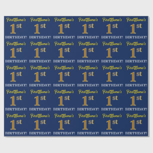 Blue, Imitation Gold Look "1st BIRTHDAY" Wrapping Paper