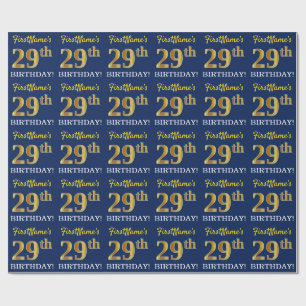 Blue, Imitation Gold Look "29th BIRTHDAY" Wrapping Paper