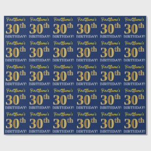 Blue, Imitation Gold Look "30th BIRTHDAY" Wrapping Paper