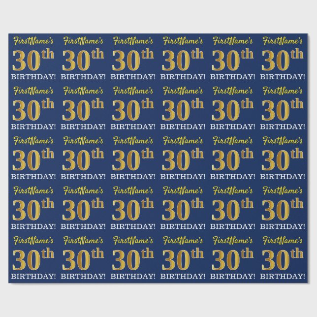 Blue, Imitation Gold Look "30th BIRTHDAY" Wrapping Paper (Flat)