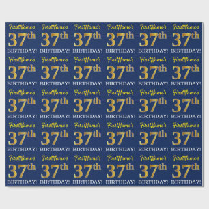 Blue, Imitation Gold Look "37th BIRTHDAY" Wrapping Paper