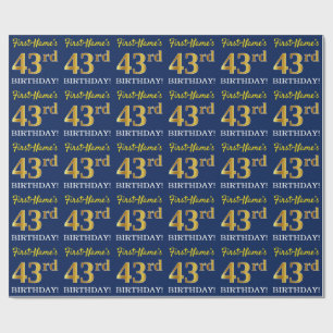 Blue, Imitation Gold Look "43rd BIRTHDAY" Wrapping Paper