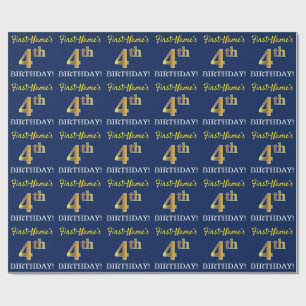 Blue, Imitation Gold Look "4th BIRTHDAY" Wrapping Paper