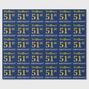 Blue, Imitation Gold Look "51st BIRTHDAY" Wrapping Paper
