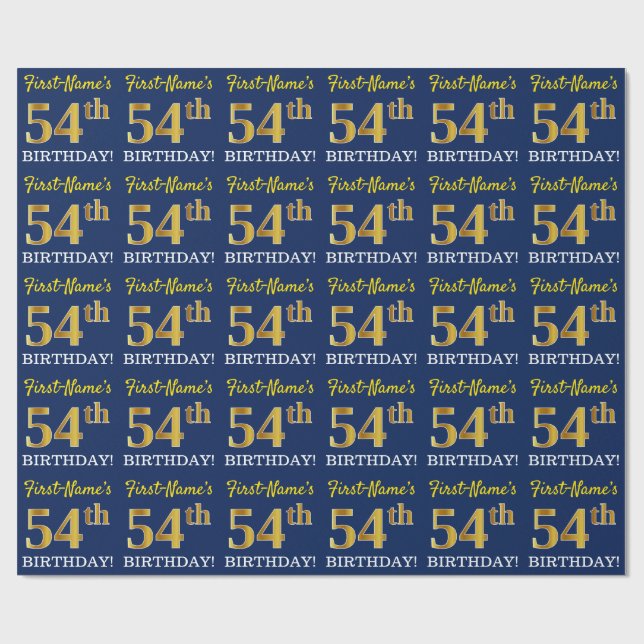 Blue, Imitation Gold Look "54th BIRTHDAY" Wrapping Paper (Flat)