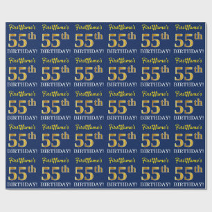 Blue, Imitation Gold Look "55th BIRTHDAY" Wrapping Paper