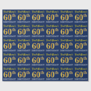 Blue, Imitation Gold Look "60th BIRTHDAY" Wrapping Paper