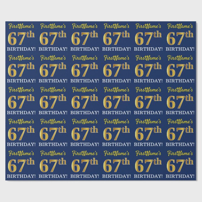 Blue, Imitation Gold Look "67th BIRTHDAY" Wrapping Paper (Flat)