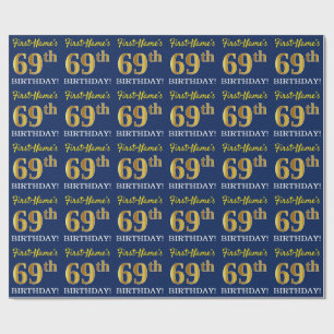 Blue, Imitation Gold Look "69th BIRTHDAY" Wrapping Paper