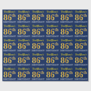 Blue, Imitation Gold Look "86th BIRTHDAY" Wrapping Paper