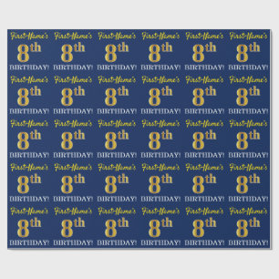 Blue, Imitation Gold Look "8th BIRTHDAY" Wrapping Paper