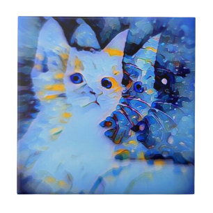 Blue Impressionist Style Kitten Art for Cat Lovers Tile