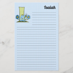 Blue Inch Worm Mongram Letter I Gingham Lined Stationery