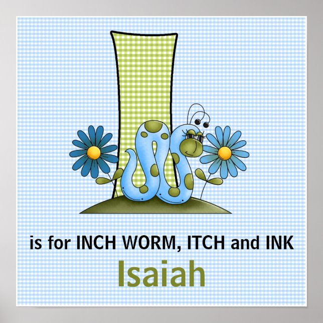 Blue Inch Worm Monogram Letter I Baby Room Poster (Front)