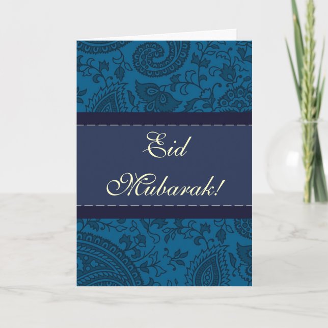 Blue Indian damask Eid Mubarak Holiday Card (Front)