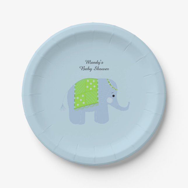 Blue Indian Elephant Baby Shower Paper Plate (Front)