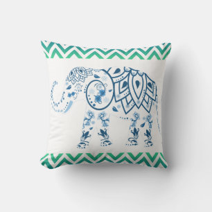Blue Indian Elephant Green & Blue Chevron Design Throw Pillow