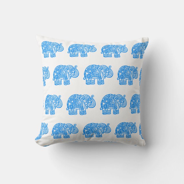 Blue Indian Elephant Throw Pillow (Front)