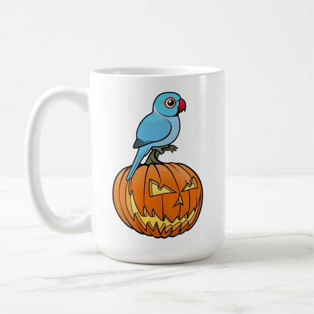 Blue Indian Ringneck on Pumpkin Halloween Coffee Mug (Left)