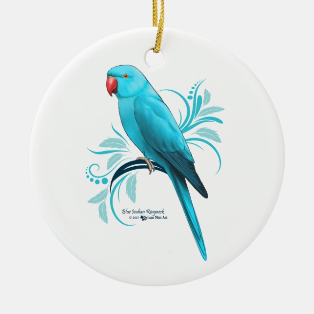 Blue Indian Ringneck Parrot Ceramic Ornament (Front)