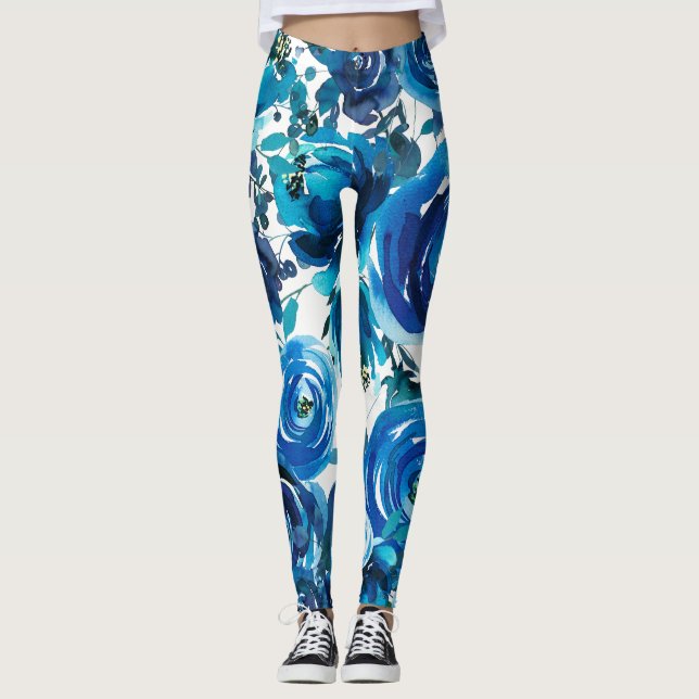 Blue Indigo Floral Flowers Elegant Shabby Chic Leggings (Front)