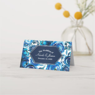 Blue Indigo Floral Flowers Wedding Table Seat Place Card
