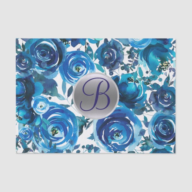 Blue Indigo Floral Monogram Letter Initial Tissue Paper (Front)